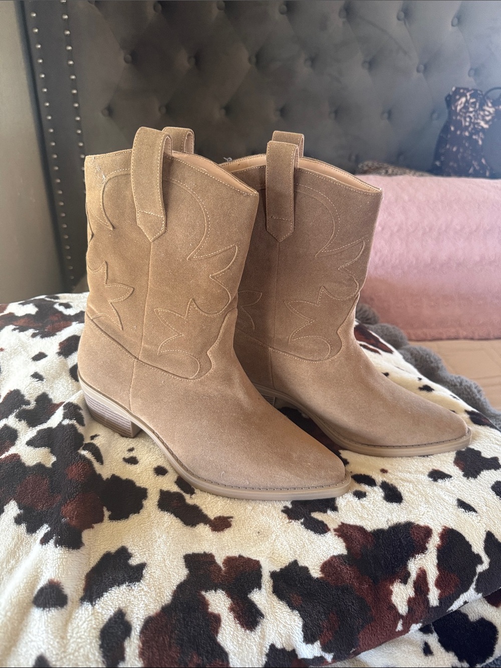 KAYLEEN By Los Angeles Suede Western Ankle Boots in Tan